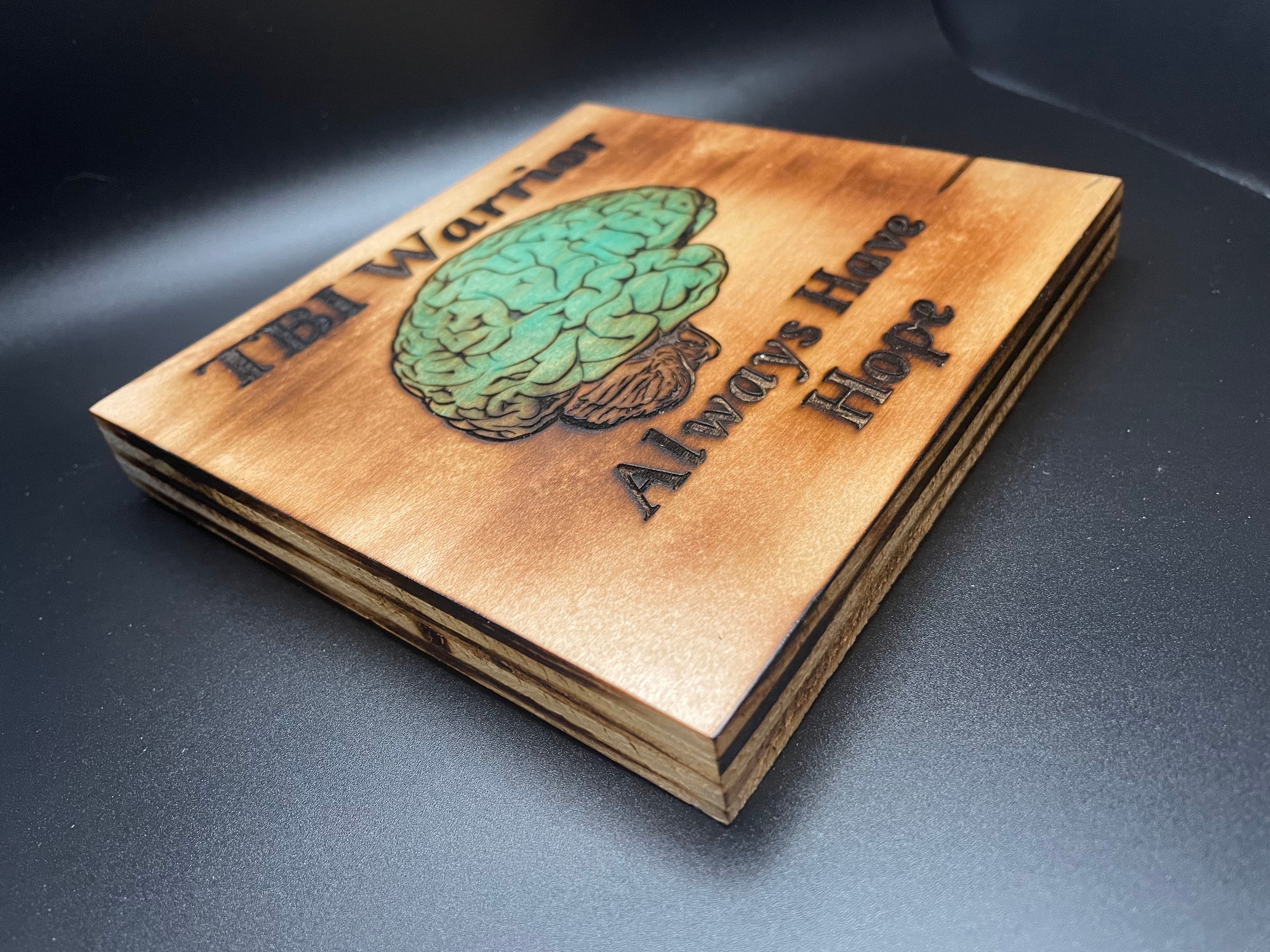 Rustic Wood Burned, Engraved & Teal Tinted TBI Warrior Brain Wall Art